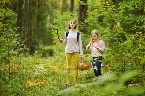 Two Cute Young Sisters Having Fun During Forest Hike On Beautiful