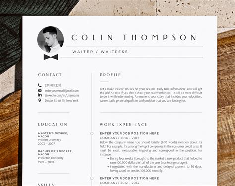 Waiter Waitress Resume Template Word Resume Cv Template Waiter