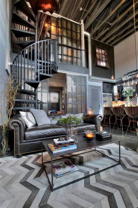 Urban Living Room With Spiral Staircase Industrial Style Living Room