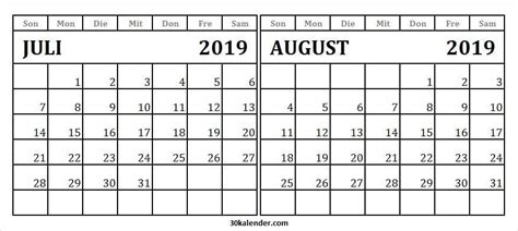 Kalender Juli August 2019 Drucken 2019 Calendar Calendar Periodic Table