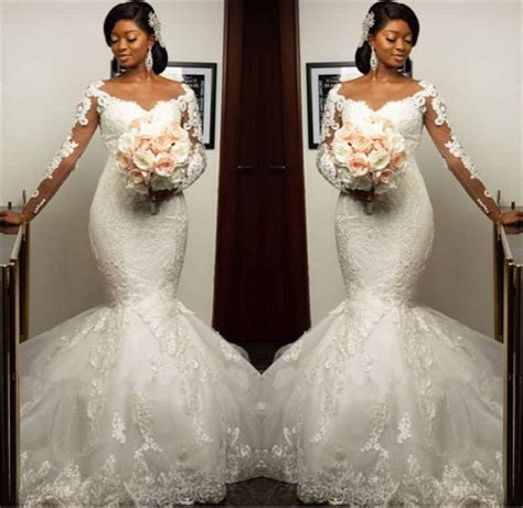2020 Fashion African Mermaid Wedding Dresses Full Sleeve Lace Applique Bridal Gowns Illusion