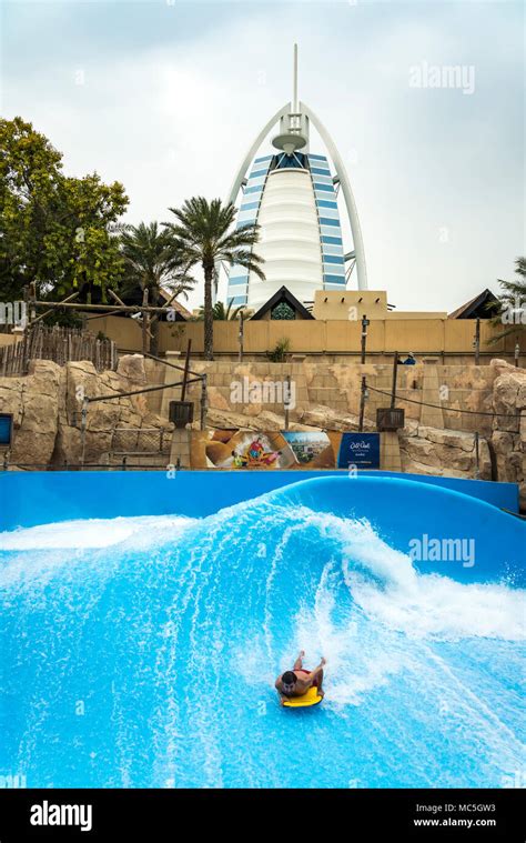 Wave Surfing At The Wild Wadi Waterpark Dubai Uae Middle East Stock