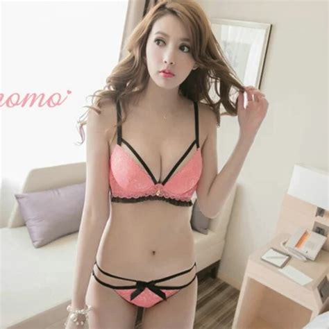 Japanese Deep V Half Cup Sexy Lace Bra Sets Sheer Bow Pink Underwear