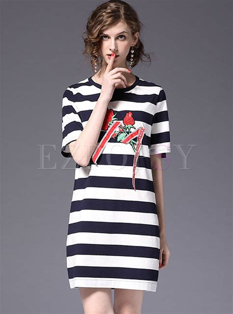 Striped Embroidered Short Sleeve T Shirt Dress Shirt Dress Sleeves Fashion