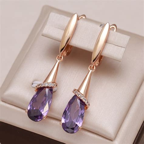 Kinel Fashion 585 Rose Gold Long Earrings For Women Water Drop Purple