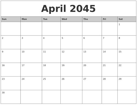 April 2045 Monthly Calendar Printable