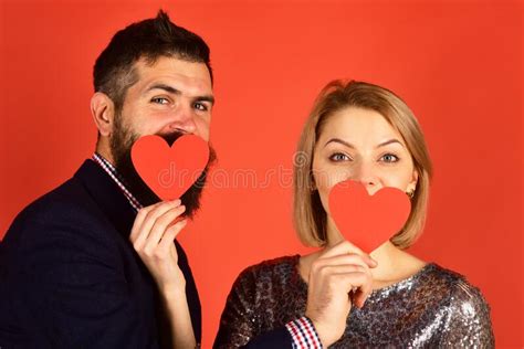 Couple In Love Holds Hearts On Red Background Stock Image Image Of