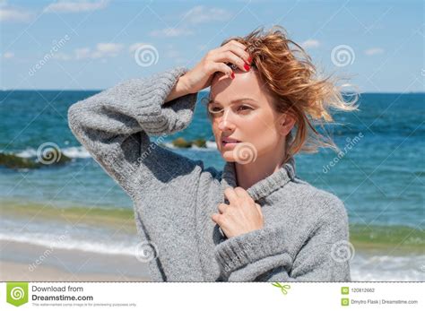 Happy Tanned Woman Enjoying A Walk By The Sea On Tropical Beach Stock