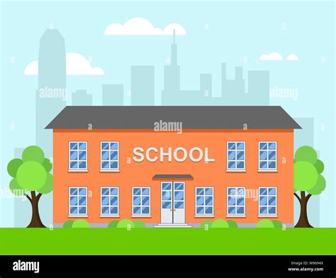 Vector Cartoon Illustration Of School Building In A City Background