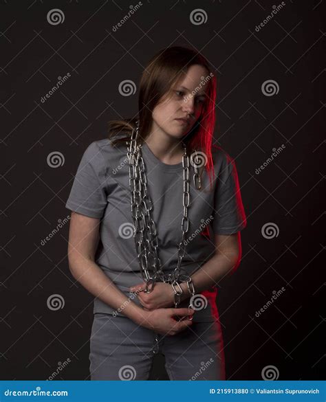 Young Woman Ties with Chain, Suffer from Despair, Psychological