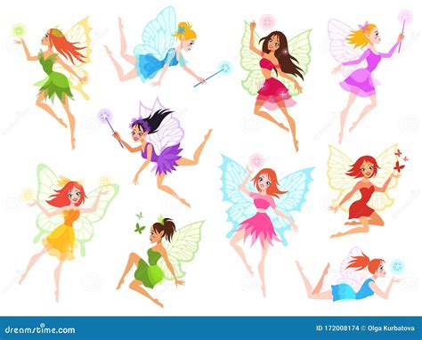 Fairy Magical Little Fairies In Different Color Dresses With Wings