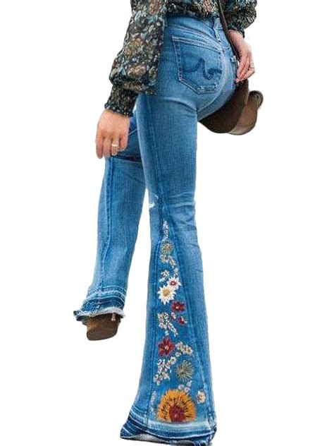 Women Flare Jeans High Waist Denim Pants Ladies Stretch Skinny Wide Leg