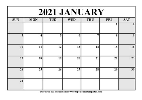 Word (.doc) and excel (.xls) format: January 2021 Printable Calendar - Editable Templates