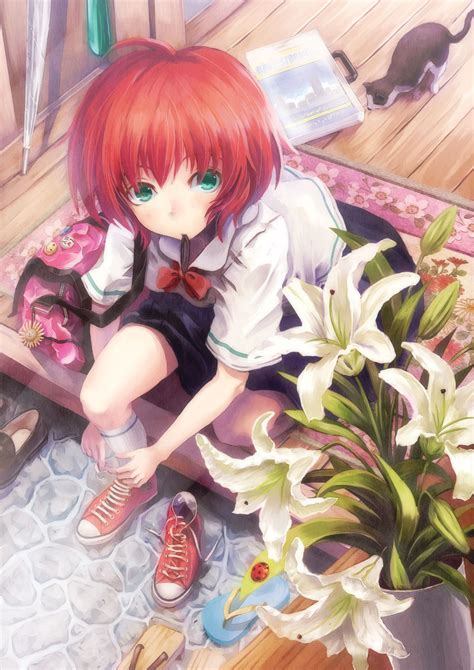 Hyuuga Azuri Converse Original Highres 1girl Bag Cat Flower Green Eyes Lily Flower