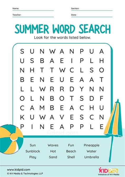 Printable Summer Word Search For Kids