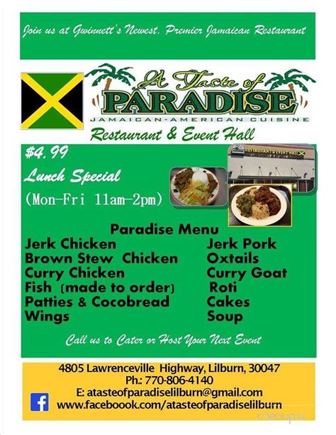 menu of a taste of paradise jamaican restaurant in lilburn ga 30047