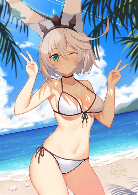 Wallpaper Anime Girls White Hair Green Eyes Bikini Armpits Beach Smiling 1748x2480