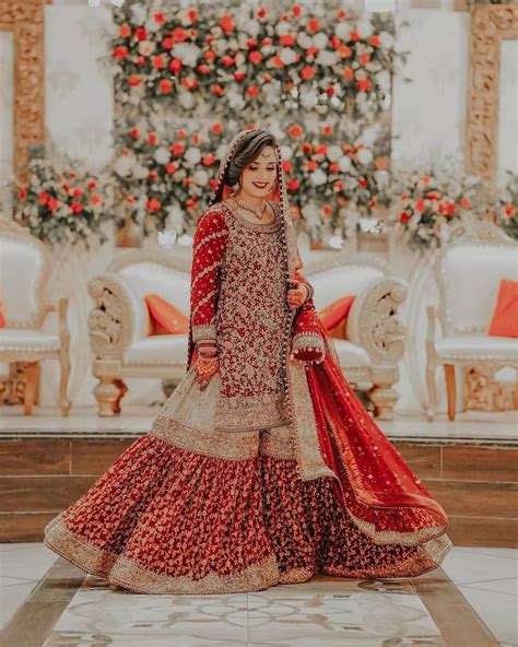 Red And Golden Designer Bridal Pakistani Bridal Sharara With Embroidery