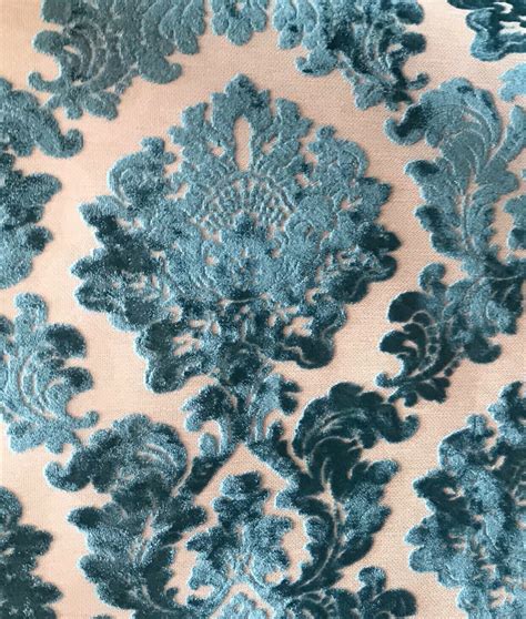 New Designer Damask Burnout Chenille Velvet Fabric Teal Blue Bty