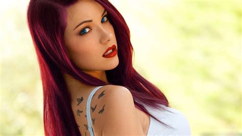 1920x1080 redhead elizabeth marxs blue eyes purple hair tattoos tattoo white tops 292 kb hd