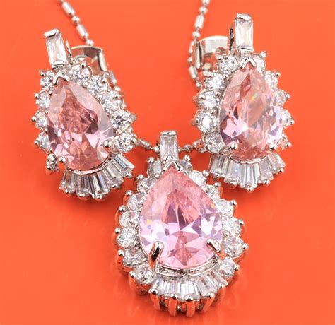 Pink Zircon Sterling Silver Jewelry Sets Earring Pendant Necklace