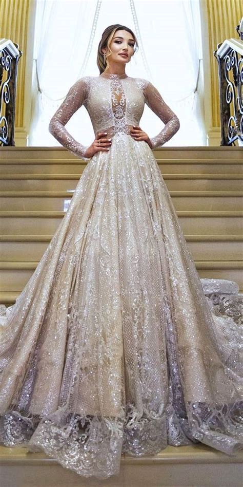 Glitter Lace Ball Gown Gold Long Sleeve Wedding Dress Wedding Dress