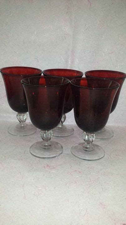 Vintage Ruby Red Goblets Clear Ribbed Ball Stems Set Of 5 Etsy Red Wine Glasses Red Glass