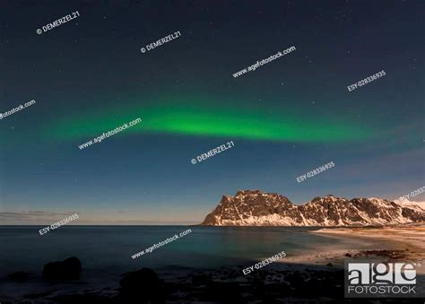 Northern Lights Over The Sea At Utakleiv Beach Lofoten Islands Norway