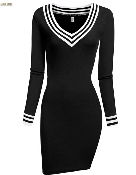 Sexy Women V Neck Long Sleeve Pencil Dress Bodycon Knitting Package Hip Slim Mini Party Sweater