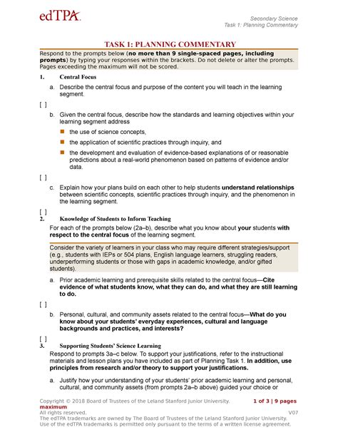 Part E - Planning Commentary Template - Secondary Science Task 1