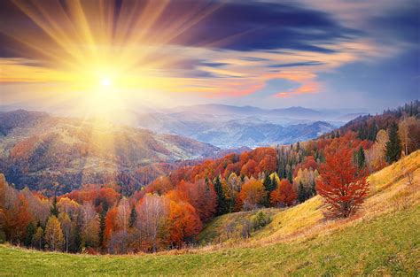 Autumn The Sky The Sun Clouds Rays Trees Hills Foliage Hd