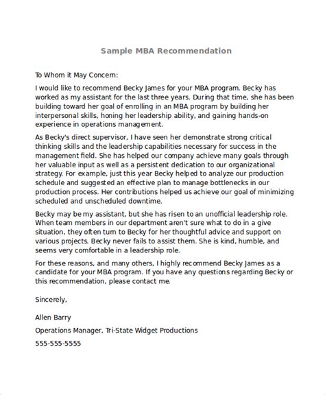 Free Sample Mba Recommendation Letter Templates In Pdf Ms Word