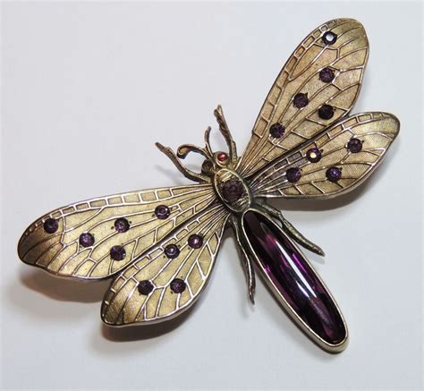 Art Nouveau Dragonfly Brooch Pin Amethyst Rhinestones Large