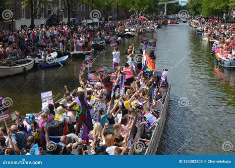 Amsterdam Netherlands August 06 2022 Many People In Boats At Lgbt