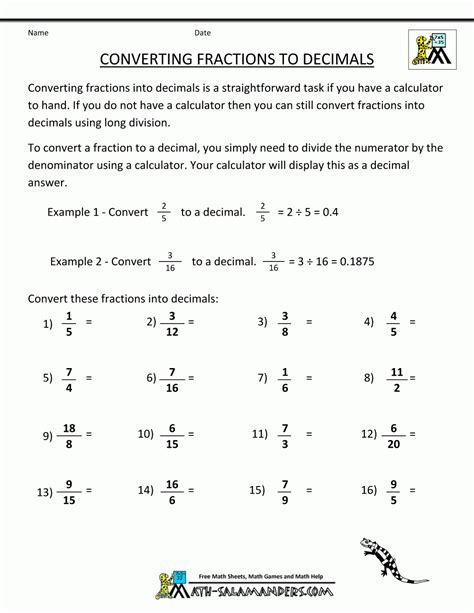 Fractions To Decimal Worksheets Printable Printable Worksheets