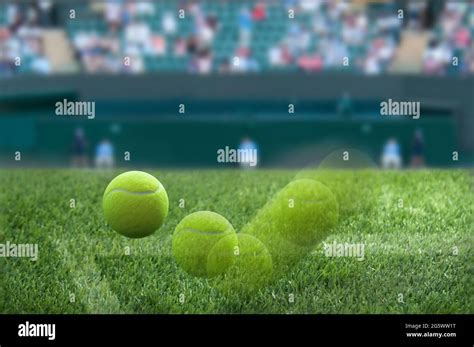 Closeup Motion Shot Of Wimbledon Tennis Ball Bouncing On Grass Court