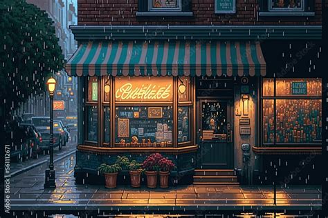 Pixel Art Coffee Shop Front Scene On Rainy Day Background In Retro