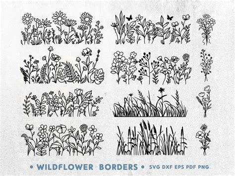 Wildflower Borders Svg Cutting Files Floral Bouquet Clipart Etsy