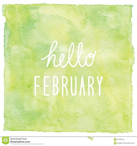 Hello February Text On Green Watercolor Background Stock Illustration