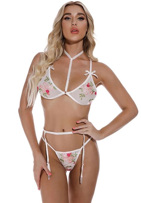 Floral Embroidered Lace Piece Lingerie Set