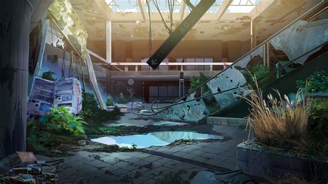 Anime Original Ruin Escalator Abandoned Scenery Building Moss Water