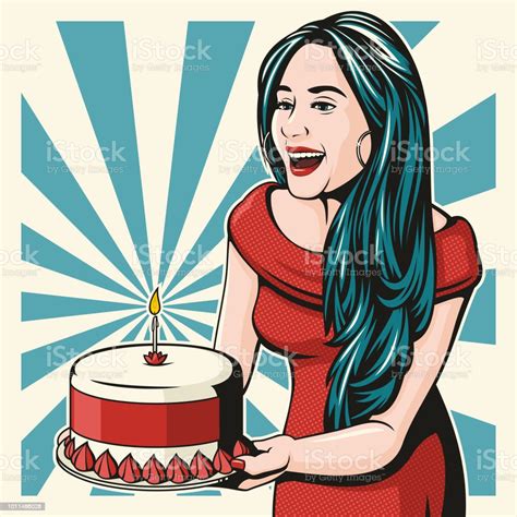 Wanita Dengan Kue Ulang Tahun Ilustrasi Stok Unduh Gambar Sekarang Buku Komik Kue Ulang
