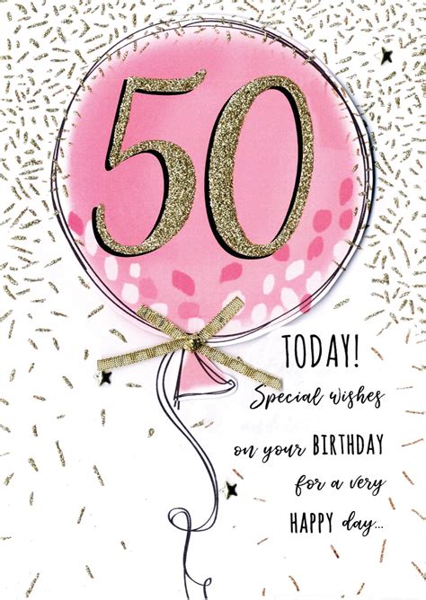 Female 50th Pink Balloon Birthday Greeting Card Cards