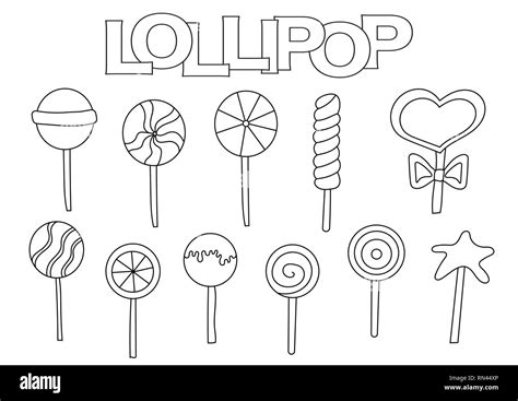 Lollipop Elements Hand Drawn Set Coloring Book Template Outline Doodle Elements Vector