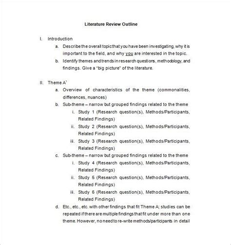 You are supposed to substantiate your opinion with in a literary work, formulate one of the principal themes, as the thesis is not explicit. Literature Review Outline Template - 8+ Free Sample ...