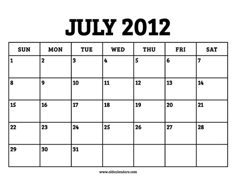 Calendar July 2012 Printable Old Calendars