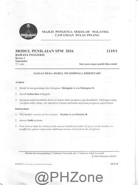 Tenaga pengajar at kementerian pendidikan pelajaran malaysia. 2016 Percubaan SPM Pulau Pinang Bahasa Inggeris Kertas 1