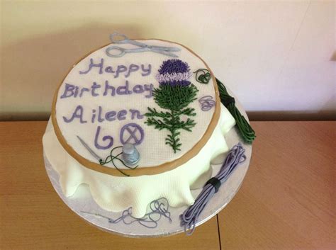 Stitched on 14ct blue aida. Cross stitch cake | Stitch cake, Knitting cake, 60th ...