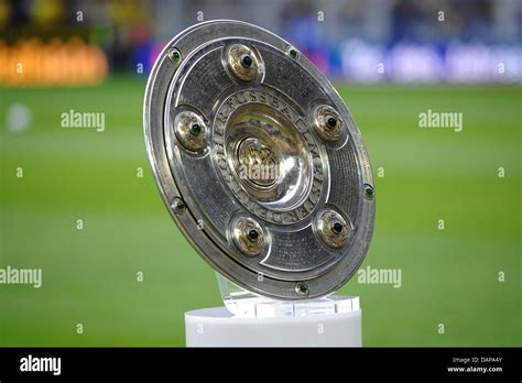 The Bundesliga champion trophy is on display prior to the Bundesliga