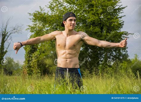Shirtless Young Man Doing Funny Pose Standing Stock Image Image Of